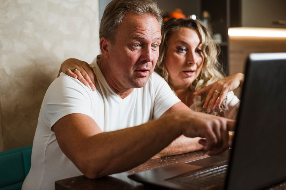 Koppel kijkt verbaasd achter een laptop.