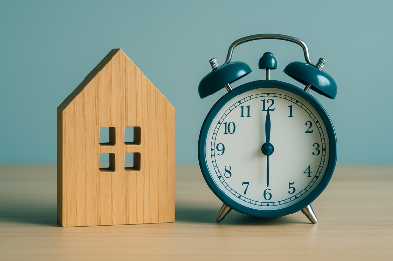 Houten huis met wekker
