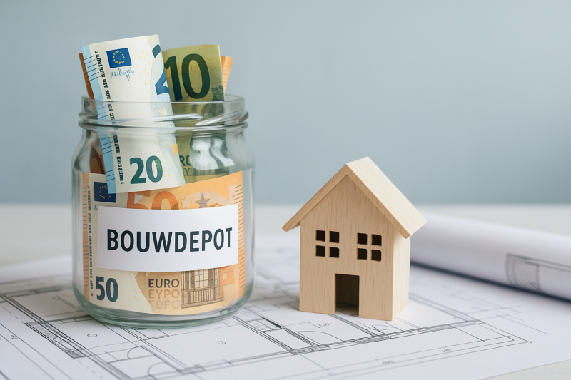 Glazen pot met geld met label bouwdepot en houten huis als symbool voor het benutten van overwaarde