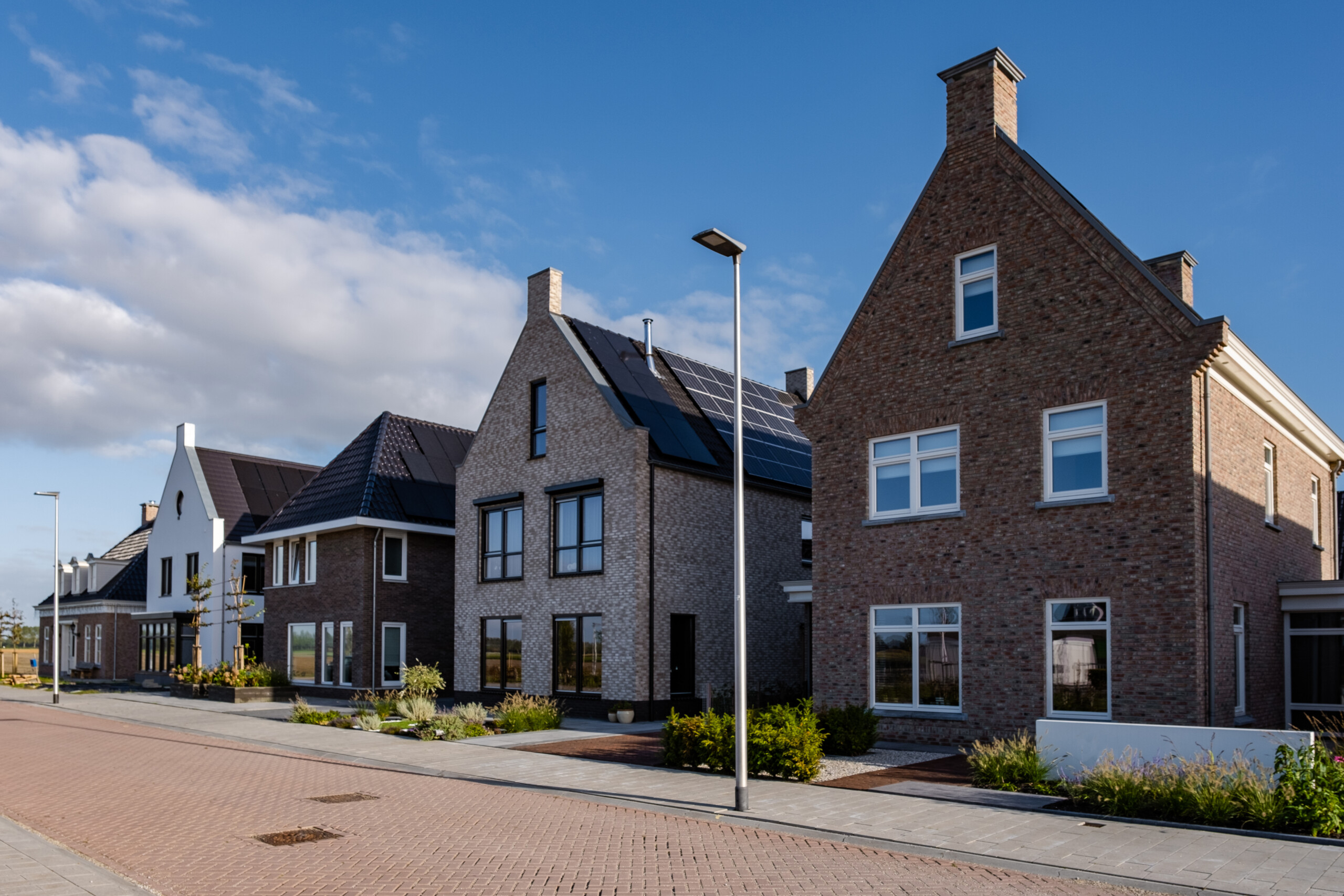 Nederlandse voorstedelijke wijk met nieuwbouwwoningen, bestaande uit moderne gezinswoningen.