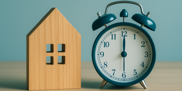 Houten huis met wekker
