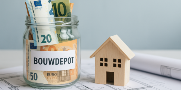 Glazen pot met geld met label bouwdepot en houten huis als symbool voor het benutten van overwaarde