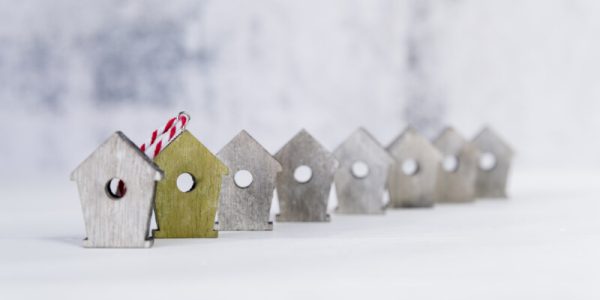Houten vogelhuisjes met een witte achtergrond